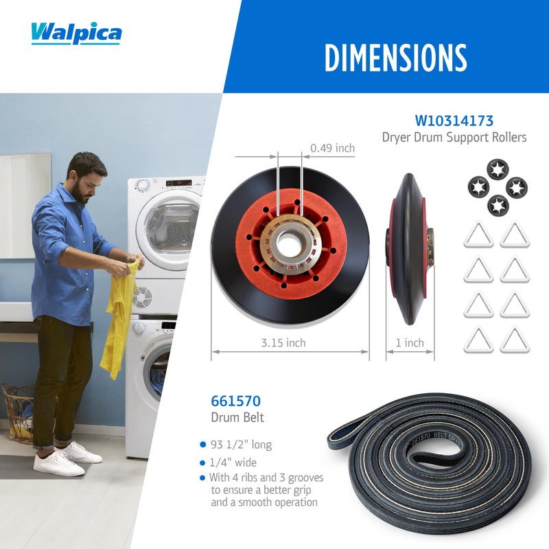Walpica W10837240 4392067 Dryer Repair Kit Belt Idler Pulley 3387610 279640 661570V 80047 Drum Roller Bearing for Whirlpool Cabrio Duet Maytag Bravos XL Kenmore Elite Model 110 Series Dryer Replacement Parts - Image 4